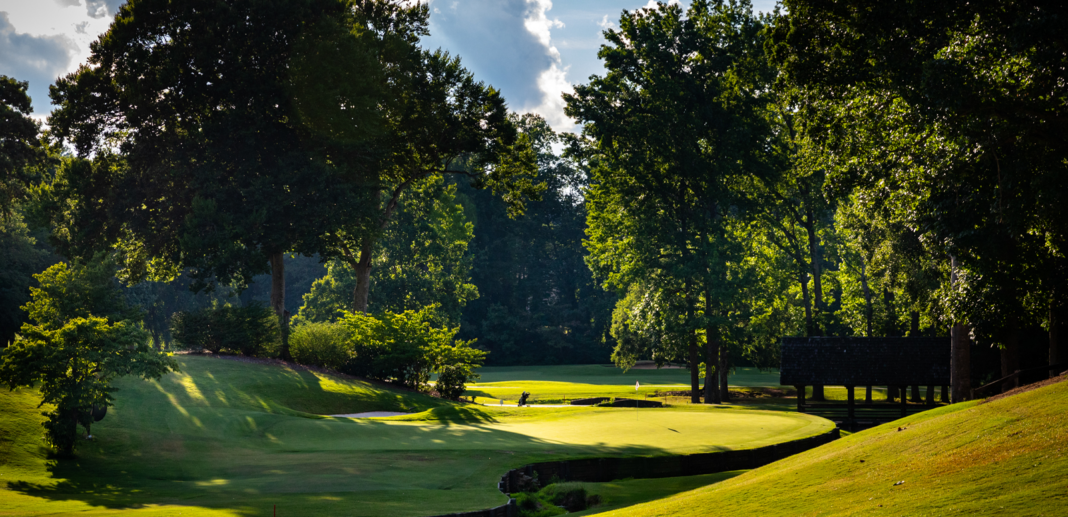 a wide view of a golf course green